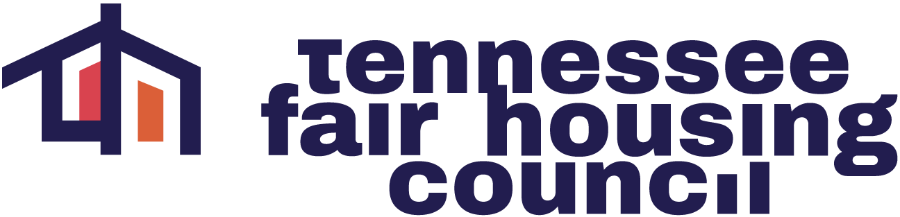 Logo of Tennessee Fair Housing Council. Text in blue. Small house to left in blue with red and orange windows.
